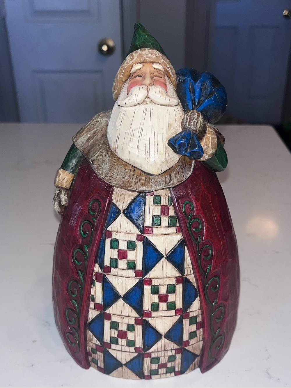 Jim Shore 8.5” Heartwood Creek Santa W Blue Bag Quilted With Box 2002 Vintage
